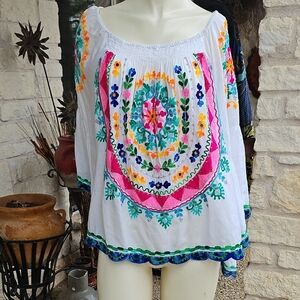 Gorgeous Ruby Yaya Embroidered Floral Bohemian White Off Shoulder Blouse Small
